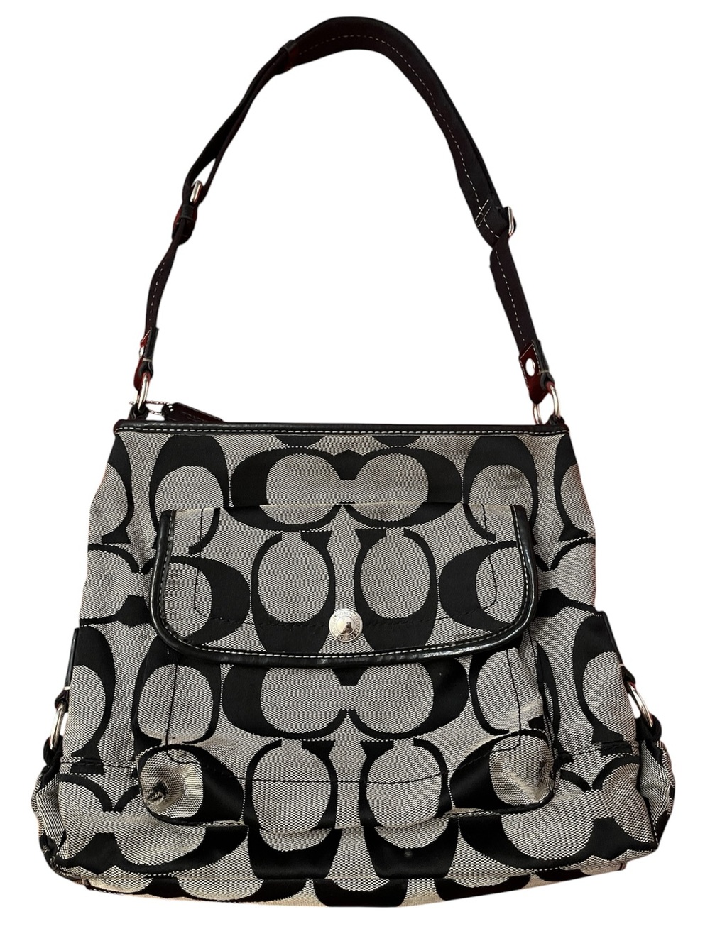 Coach Black and Gray Signature Canvas Shoulder Bag with Front Flap